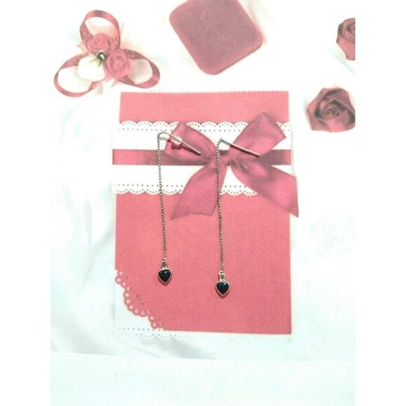 925 Sterling Silver Threader Earrings Black Onyx Dainty Hearts - Picture 3 of 8